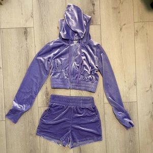 Two piece velvet cropped hoodie and shorts